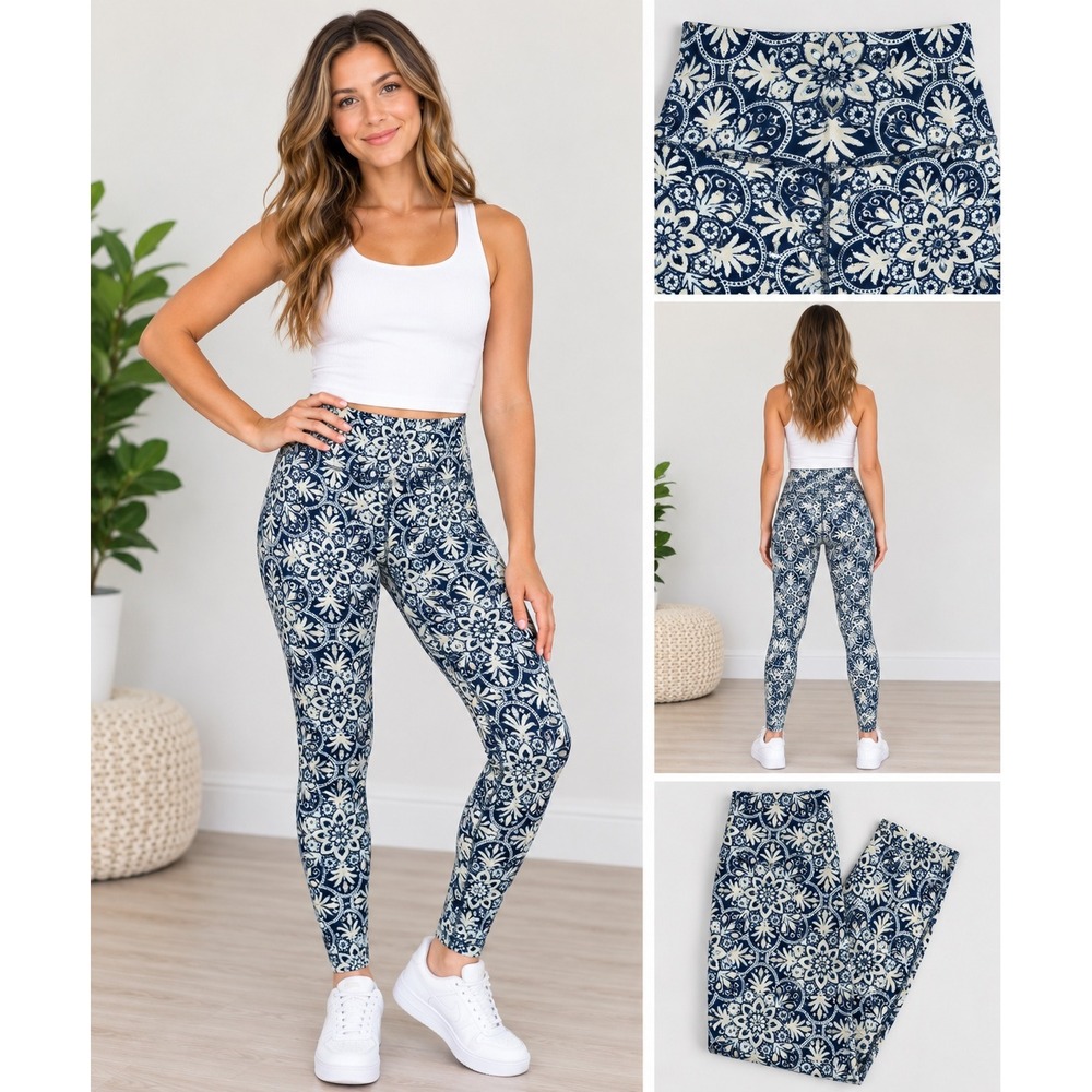 LuLaRoe Womens Leggings Mandala Tile Print Navy Blue Stretch High Waisted OS